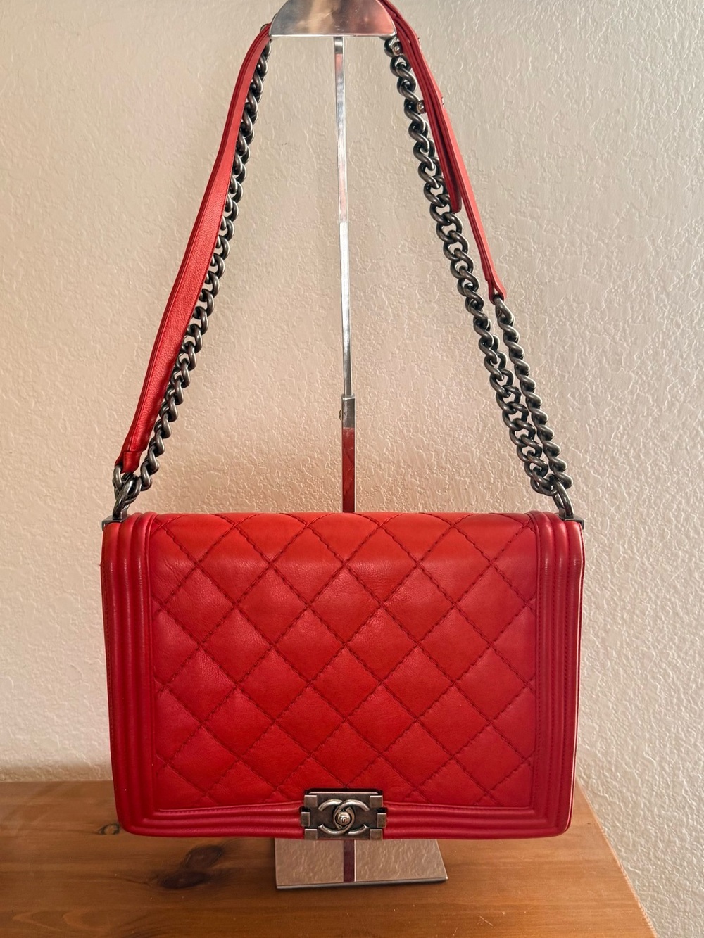 Authentic CHANEL red diamond quilted boy bag with Ruthenium hardware